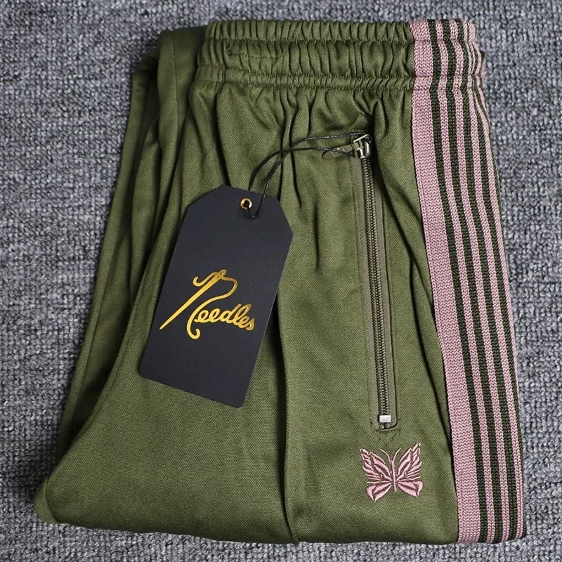 

25SS Classic Style AWGE Green Striped Pants Men Women Couple Butterfly Embroidery Casual Pants