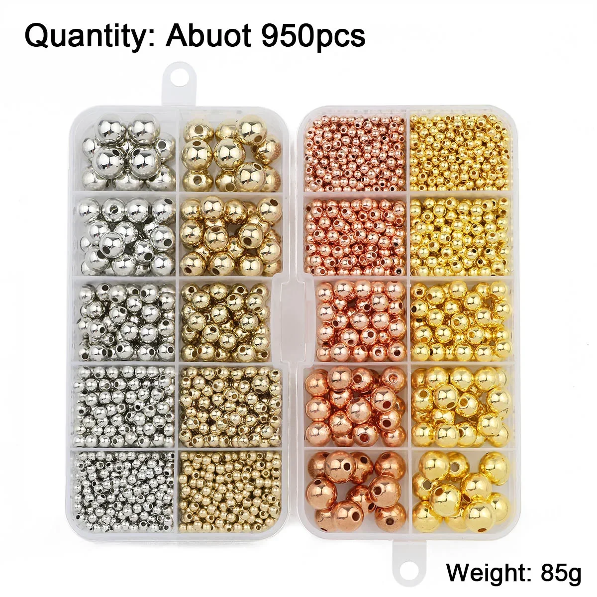 950PCS 3/4/6/8/10MM CCB Gold Silver Color Spacer Round Loose Beads DIY Set Box For Bracelet Necklace Jewelry Making Accessories