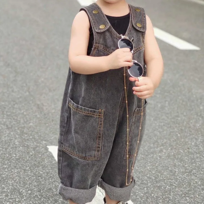 Spring Boys Girls Denim Strap Pants For Children Autumn  Baby Kids Jumpsuit Loose And Versatile With Handsome Pocket Splicing