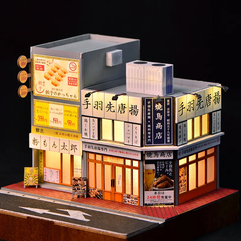 

1:64 Scale Miniature Street Scene DIY Kit-Lit Japanese Yakitori Shop & Storefront, Handmade Assembly Model for Car Diorama Decor