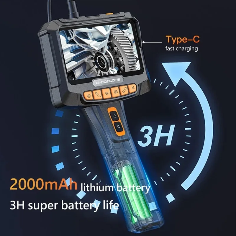 Industrial Endoscope 360°Automatic Rotating 5-inch IPS Screen 1080P HD Dual Camera Car Repair Pipe Carbon Deposit Detection