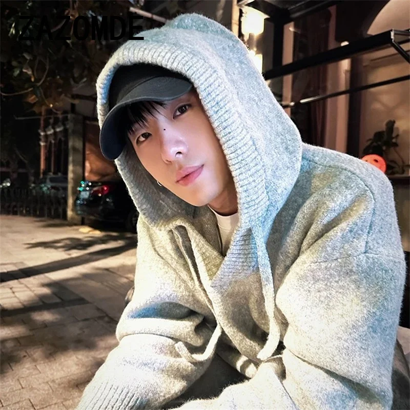 ZAZOMDE ฤดูหนาว Vintage Chic Hoody เสื้อกันหนาวผู้ชายถัก Top Hooded หลวม Casual Pullover เสื้อกันหนาวขนาดใหญ่เสื้อถักเสื้อผ้า