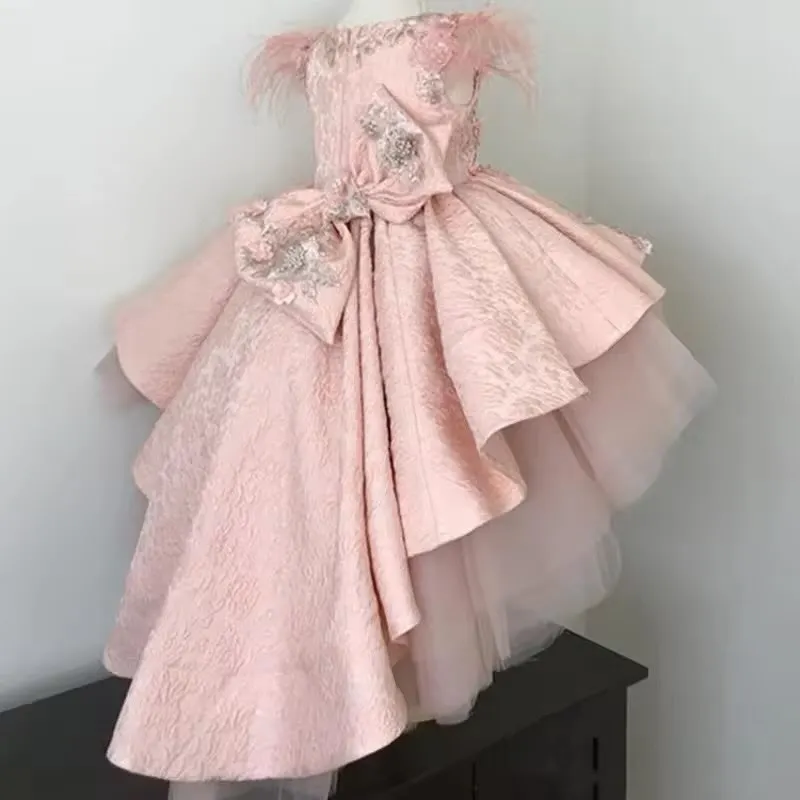 Pink High Low Flower Girl Dresses Lace Floral Children Birthday Party Gowns Kids Wedding Guests Dresses