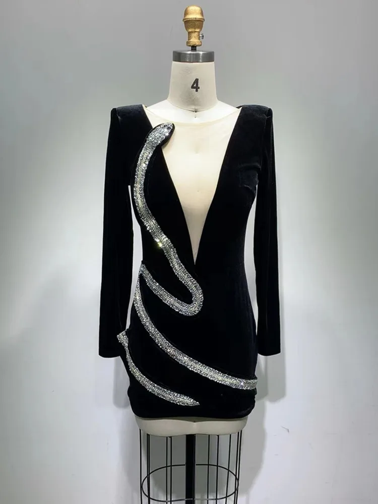 Women Winter Sexy Long Sleeve Mesh Snake Dianonds Black Velvet Mini Bodycon Custume Dress 2022 Elegant Party Performance Dress