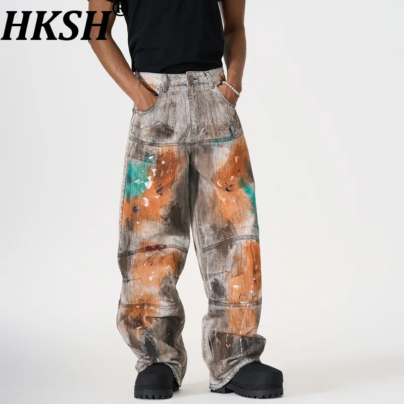

HKSH Spring New Men Tide Punk Unique Design Mud-dyed Streetwear Jeans Hip-hop Versatile Wide-leg Denim Pants Women Chic HK20854