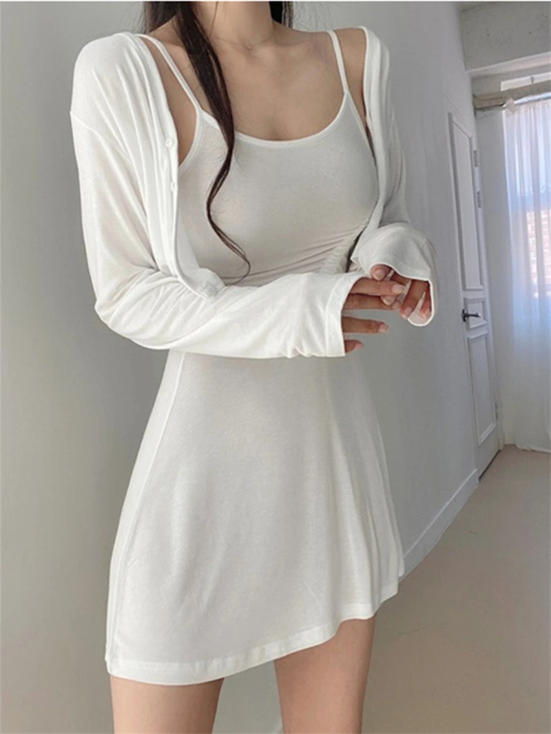 

LMQ NEW Women Two Piece Set Dress Long Sleeve Cardigan+Slim Suspender Pleated Sexy Short Dress LadySolid Gentle Suit Korean Chic