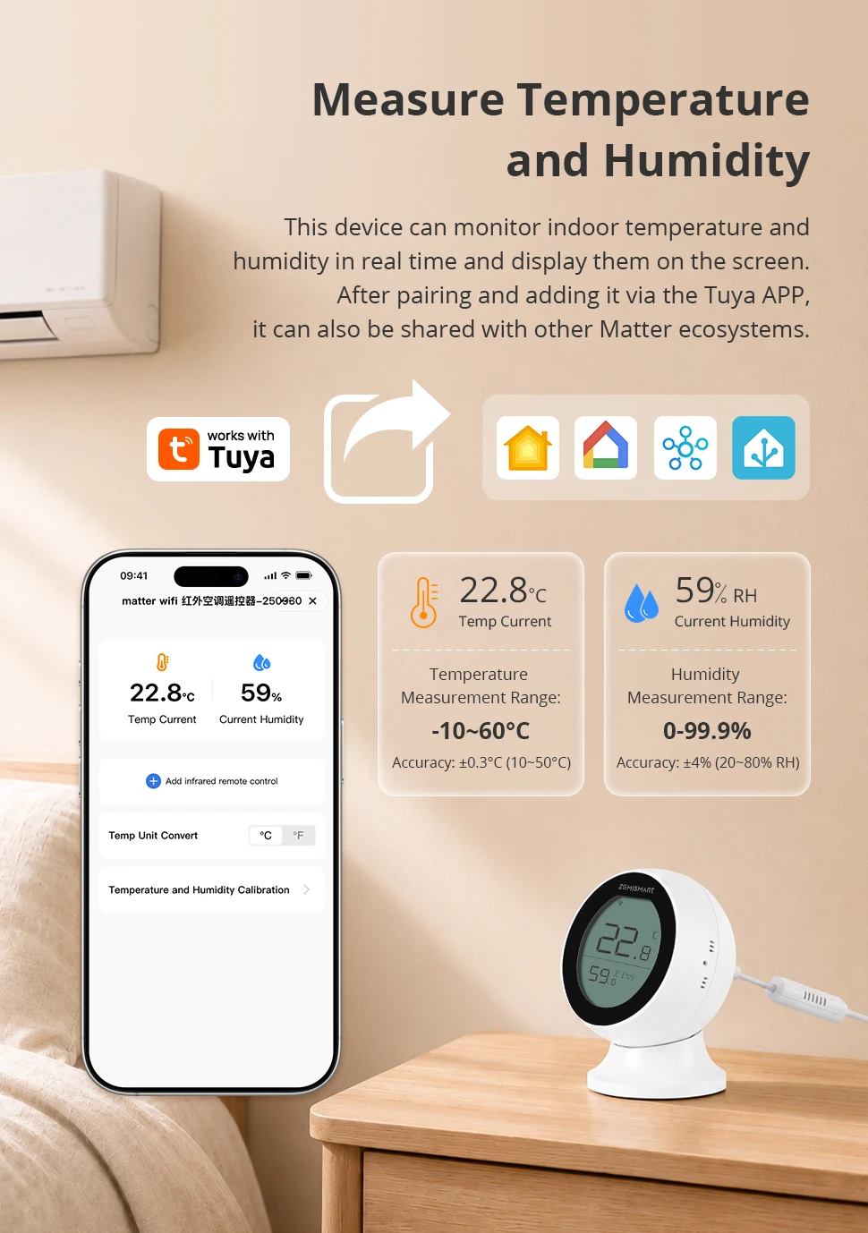 Zemismart Matter WiFi IR-Thermostat mit LCD-Bildschirm T&H-Sensor Intelligente Infrarot-Fernbedienung für Klimaanlagen Unterstützt Tuya Share to Homekit – Detail 5