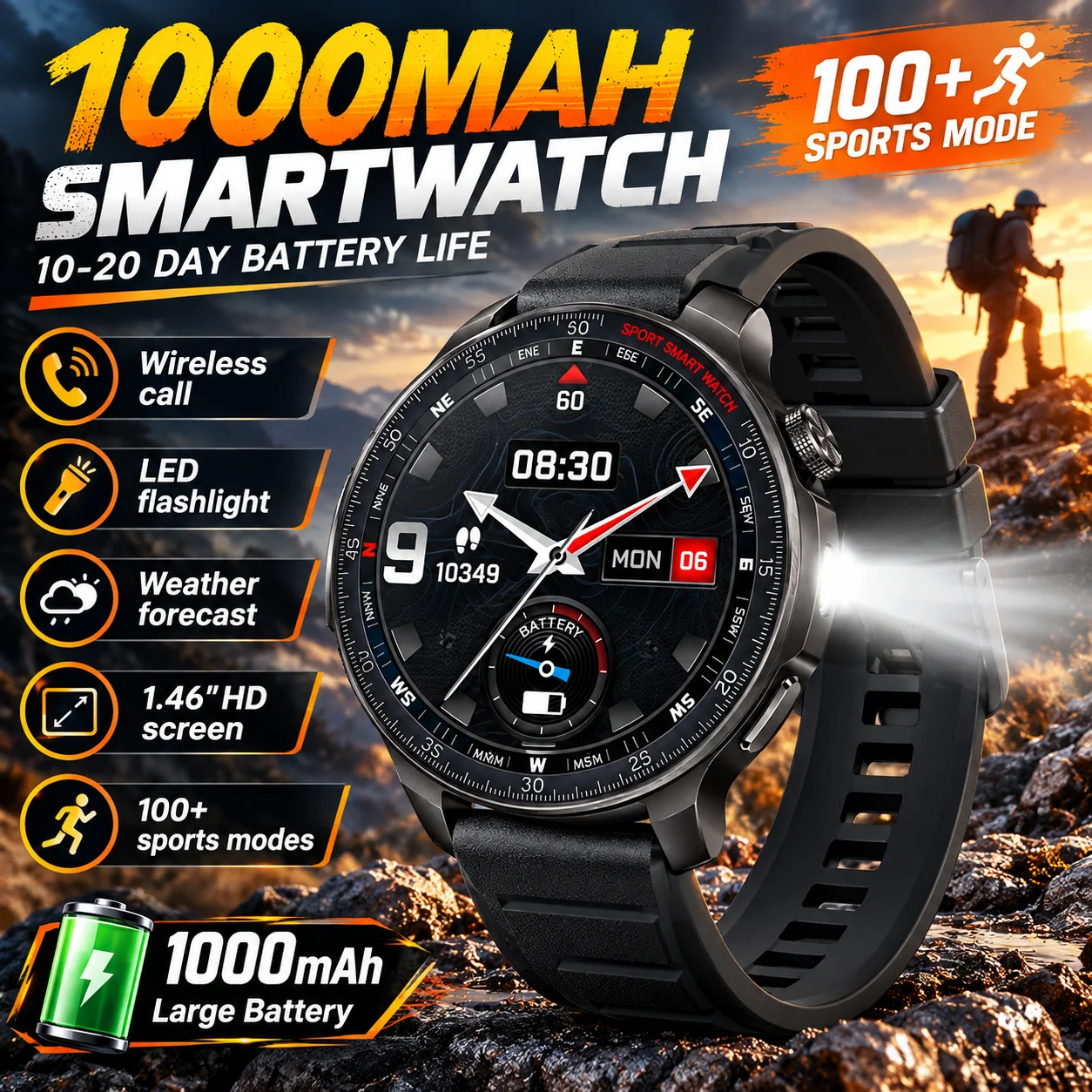 2026 Sports Smartwatch 1000mAh Battery AMOLED Screen Flashlight Health Monitor IP68 Waterproof Military Outdoor Smart Watch Men