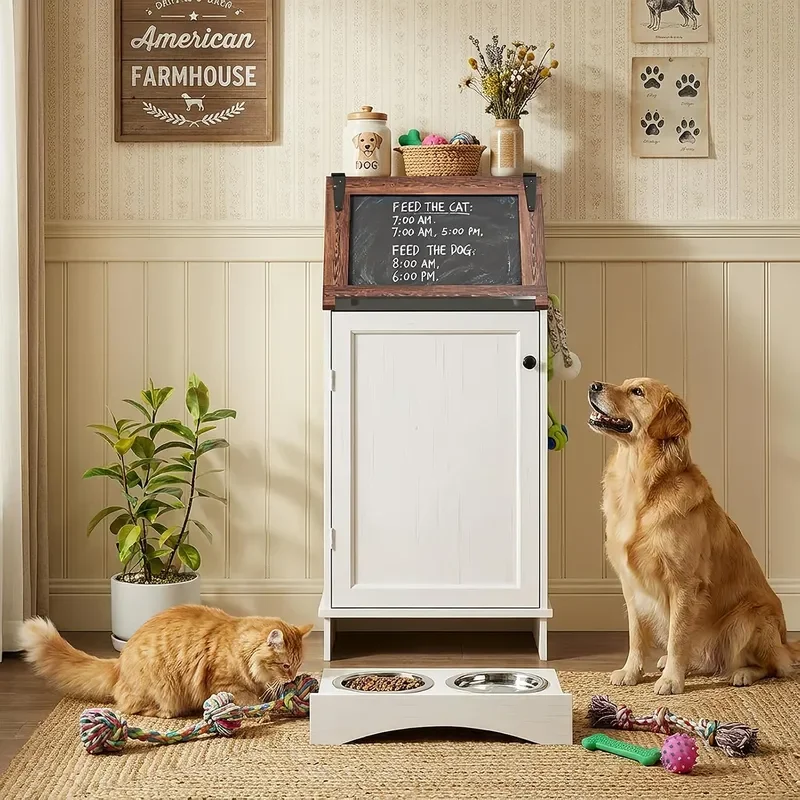 Dog Food Feeding Station Storage with Bowls Pet Food Storage Cabinet with Flip Top Blackboard Hidden Trash Can Pet Organizer