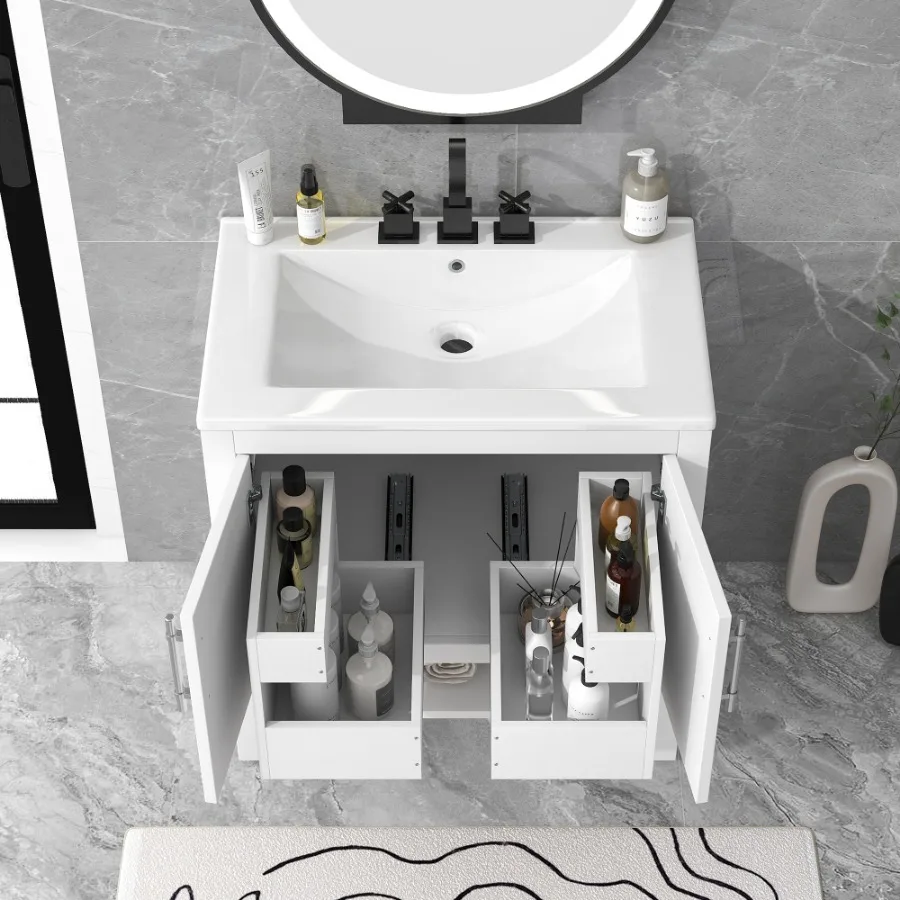 30" Bathroom Vanity with Sink, Multi-functional Bathroom Cabinet with Doors and Drawers, Solid Frame and MDF Board, Whit image 5