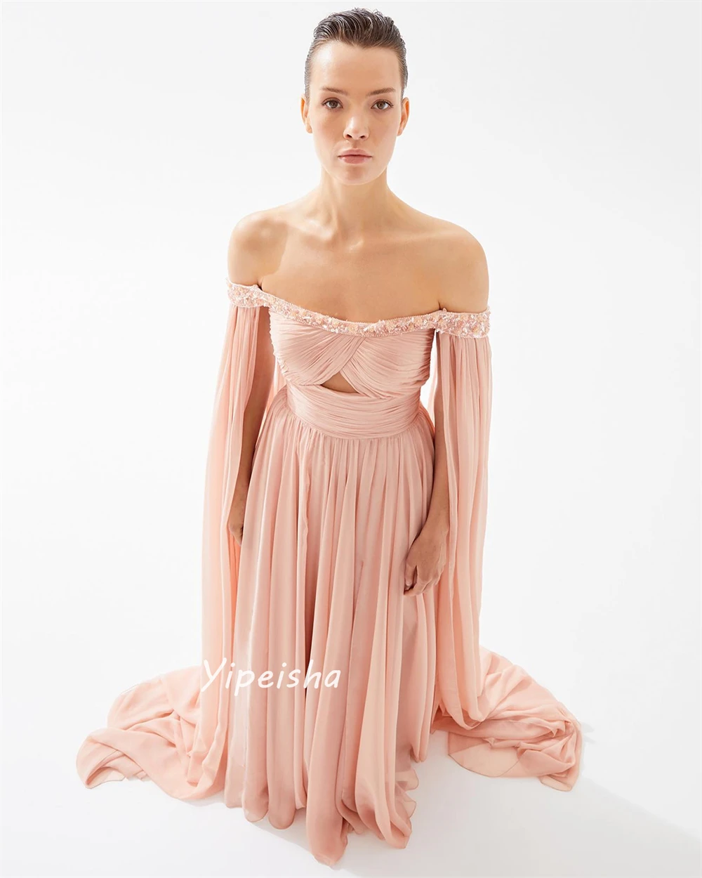 Yipeisha Matching Exquisite Off-the-shoulder A-line Beading Paillette / Sequins Draped Chiffon Prom Dresses