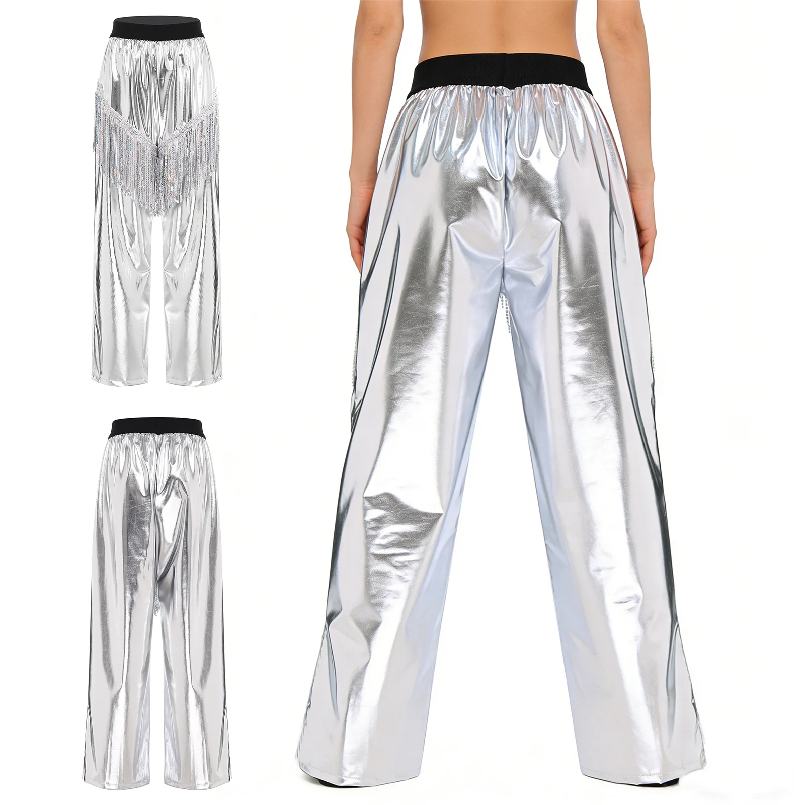 

Women Metallic Disco Jazz Dance Sequin Tassel Pants Shiny Elastic Waistband Loose Trousers for Latin Tango Stage Performance