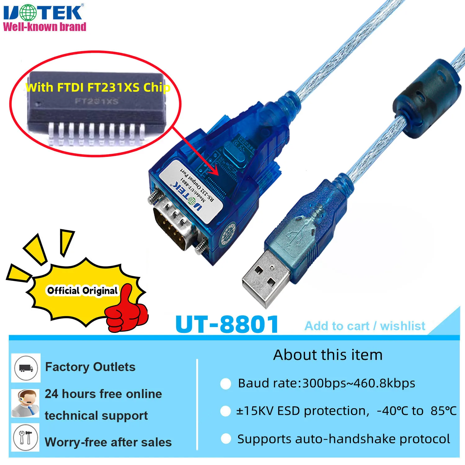 UOTEK 1.5m 3M RS232 to USB RS 232 Converter DB9 RS-232 USB-A  Adapter Conversion Cable Com with FTDI Chip Magnetic Ring UT-8801