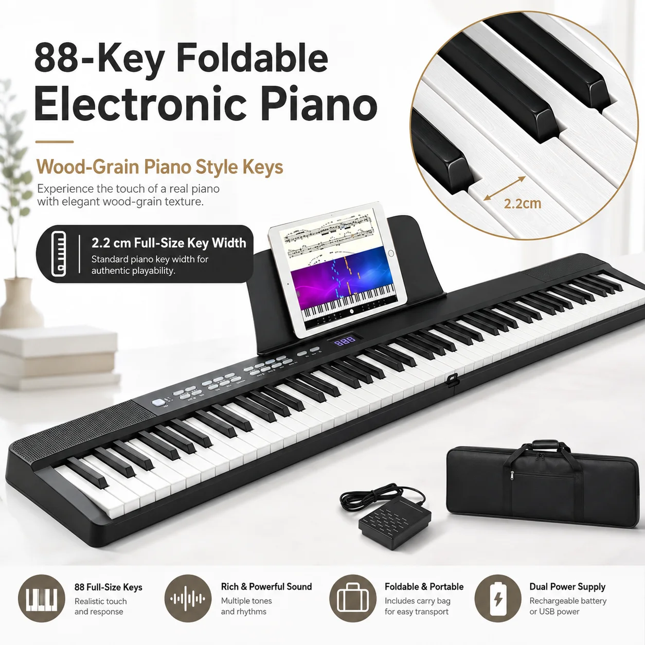 88 Key Foldable Digital Piano Wood Grain Full Size Keys Bluetooth MIDI Portable Electronic Keyboard With Sustain Pedal Carry Bag