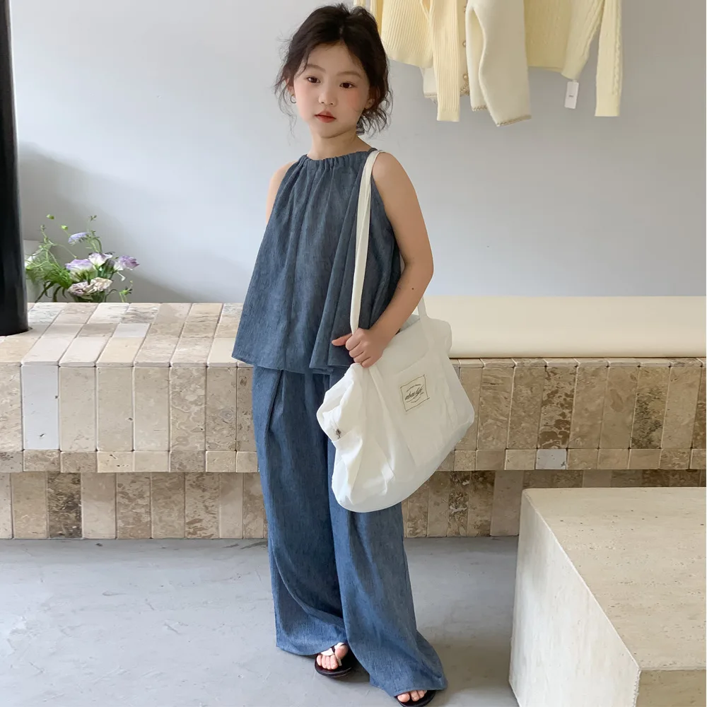 

Childrens Sets Korea 2024 New Clothing Summer Girls Blue Sling Wide Leg Pants Two Piece Round Collar Loose Simple Casual