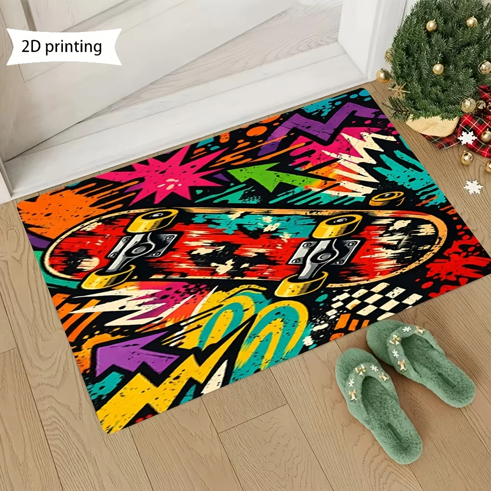 Graffiti Skateboard Doormat, Colorful Street Art Rug, Cool Teen Room Floor Mat, Non-Slip Entryway Carpet, Urban Home Decor