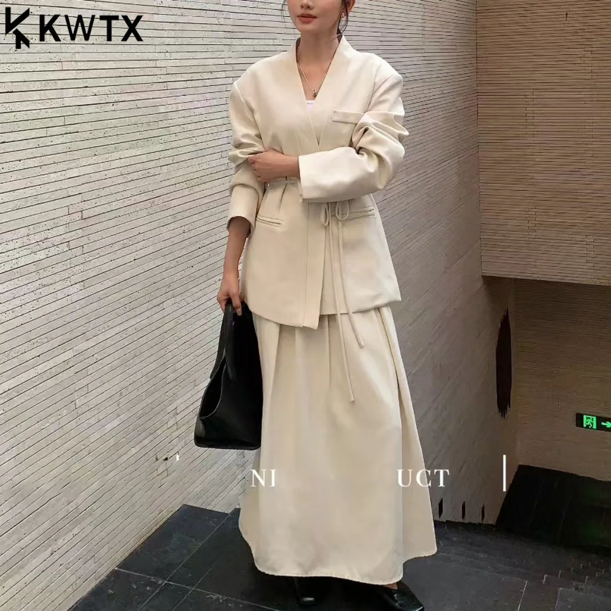 KWTX 2025 Retro linnen pakset dames blazer met V-hals en hoge taille rok outfit met tailleband elegante kantoorkleding herfstjas