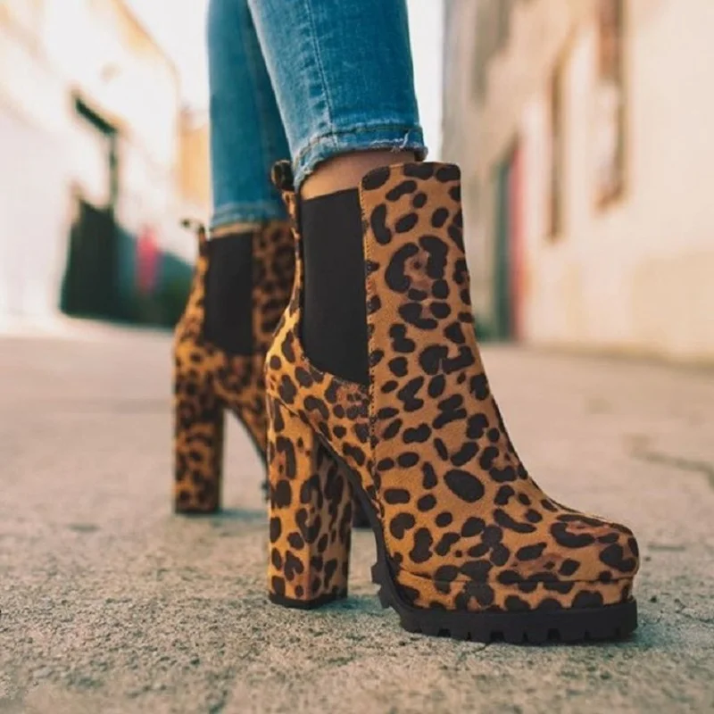 2022 Women Ankle Boots Flock Leopard Slip on Short Boots Women\'s High Heels Platform Autumn Shoes Ladies Booties Retro Plus 43