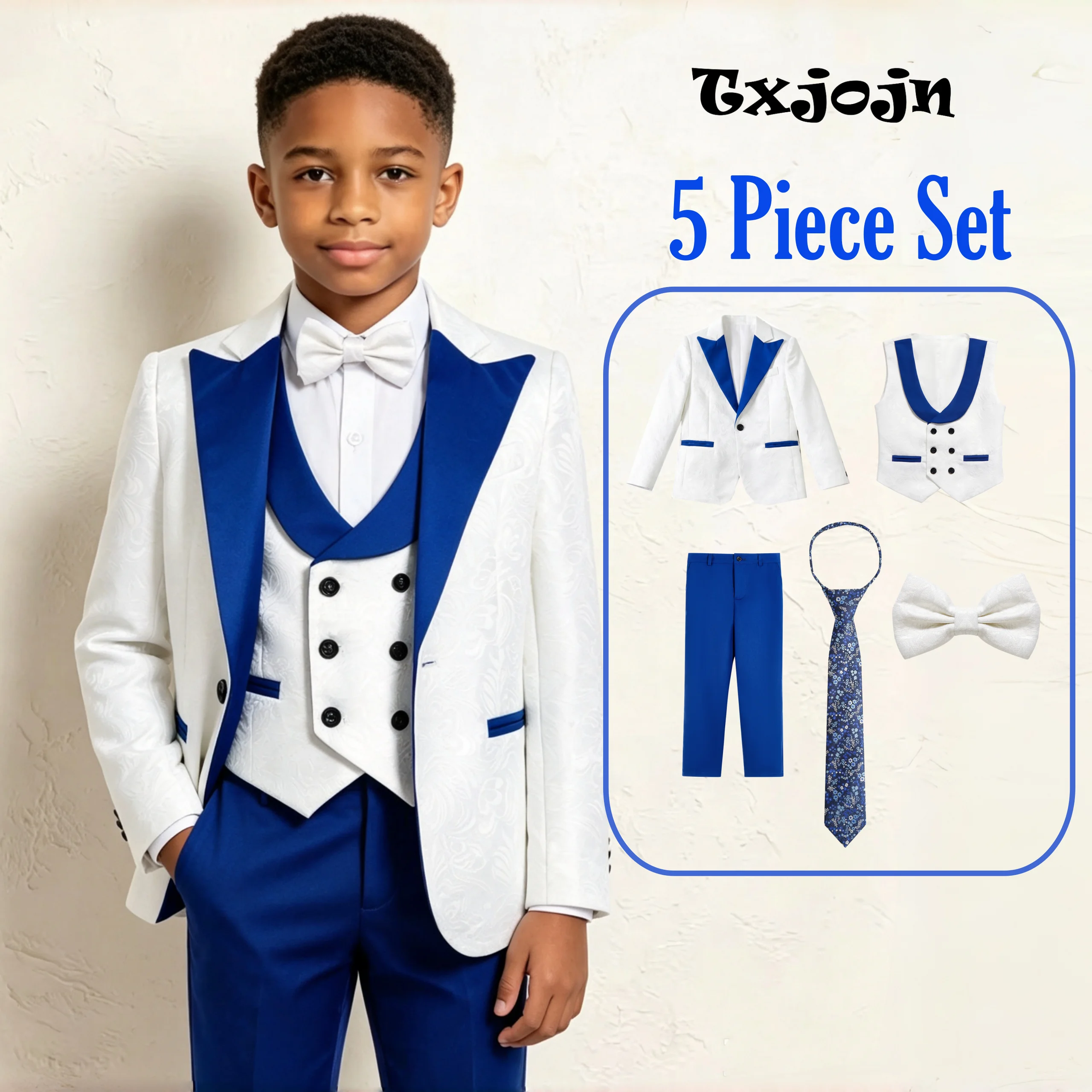 24h Ship 5 Piece Boys Formal Suit Wedding Ring Bearer Tuxedo Floral Paisley Slim Fit Kid Suit Set Communion Page Boy Suits 3-18Y