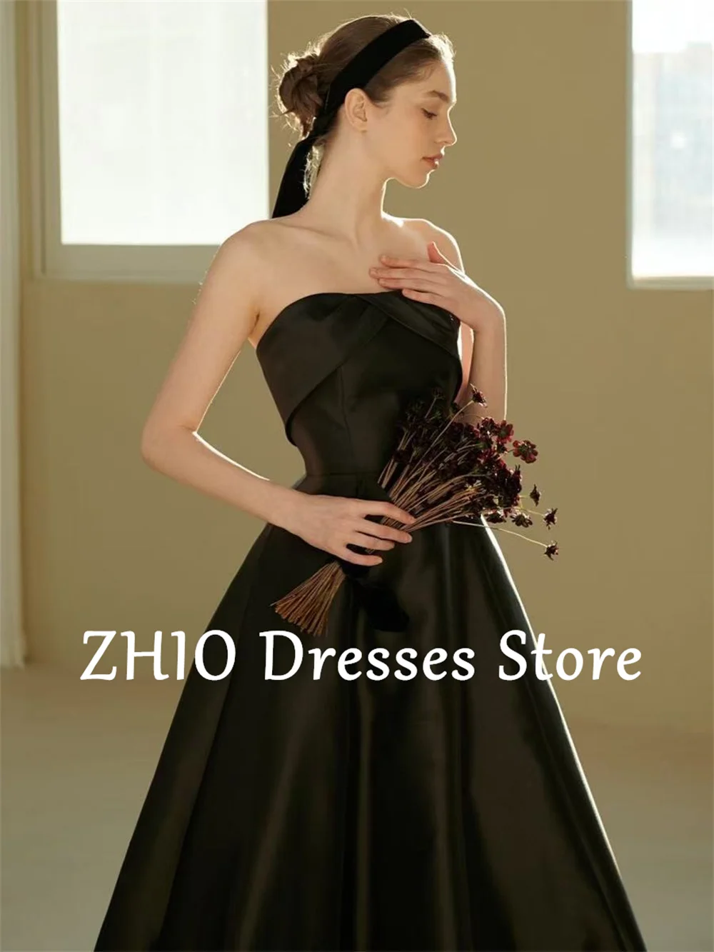 ZHIO noir bretelles avec manches bouffantes robe coréenne séance photo robes de mariée en Satin personnalisé Corset/fermeture éclair dos fête moderne