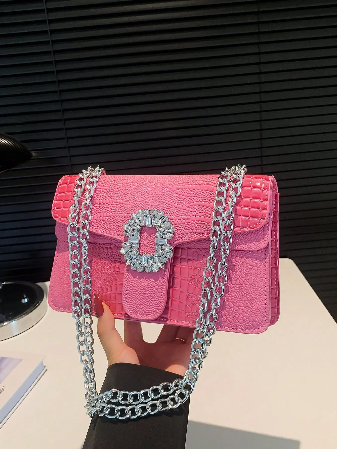 Crocodile Embossed Shoulder Bags For Women Flap PU Leather Fashion Rhinestone Decor Small Square Crossbody Bag Designer Handbag