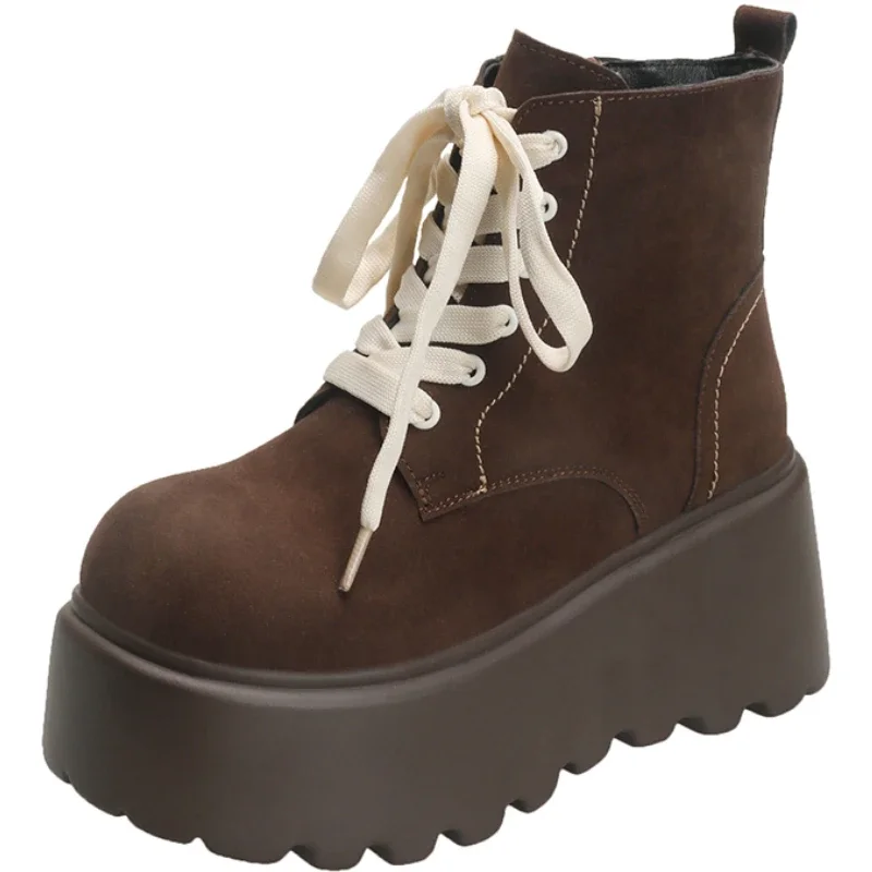 

Женские ботильоны из флока 8 см, зимние теплые меховые массивные кроссовки на шнуровке, нескользящая обувь в стиле панк, дышащие мотоциклетные ботинки на высокой платформе