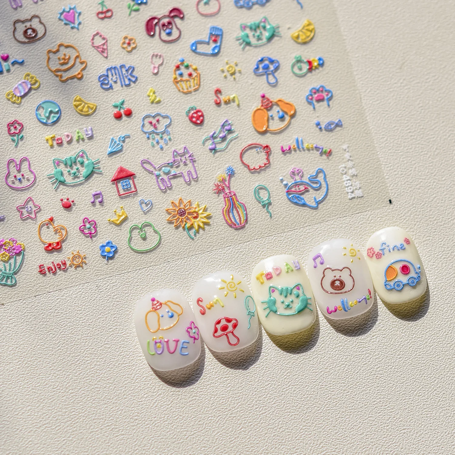 1pc 5D Relief Graffiti Nail Art Stickers Rabbit Dog Bear Bow Nail Decals Cartoon Theme Self-Adhesive Stickers for DIY Manicure *