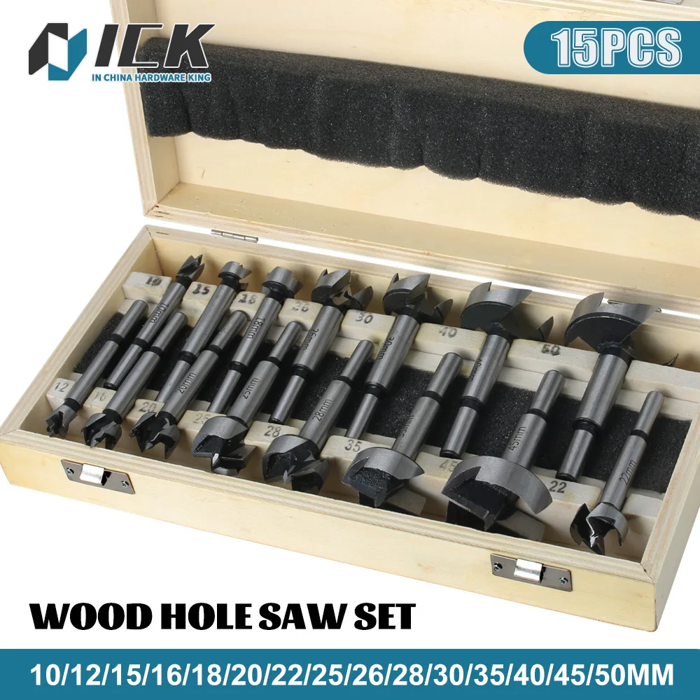 Wood Drill Bit Set Self Centering Hole Saw Cutter Forstner Drill Bits Carbon Steel Wood Cutter Woodworking Tools 15Pcs 12-50mm