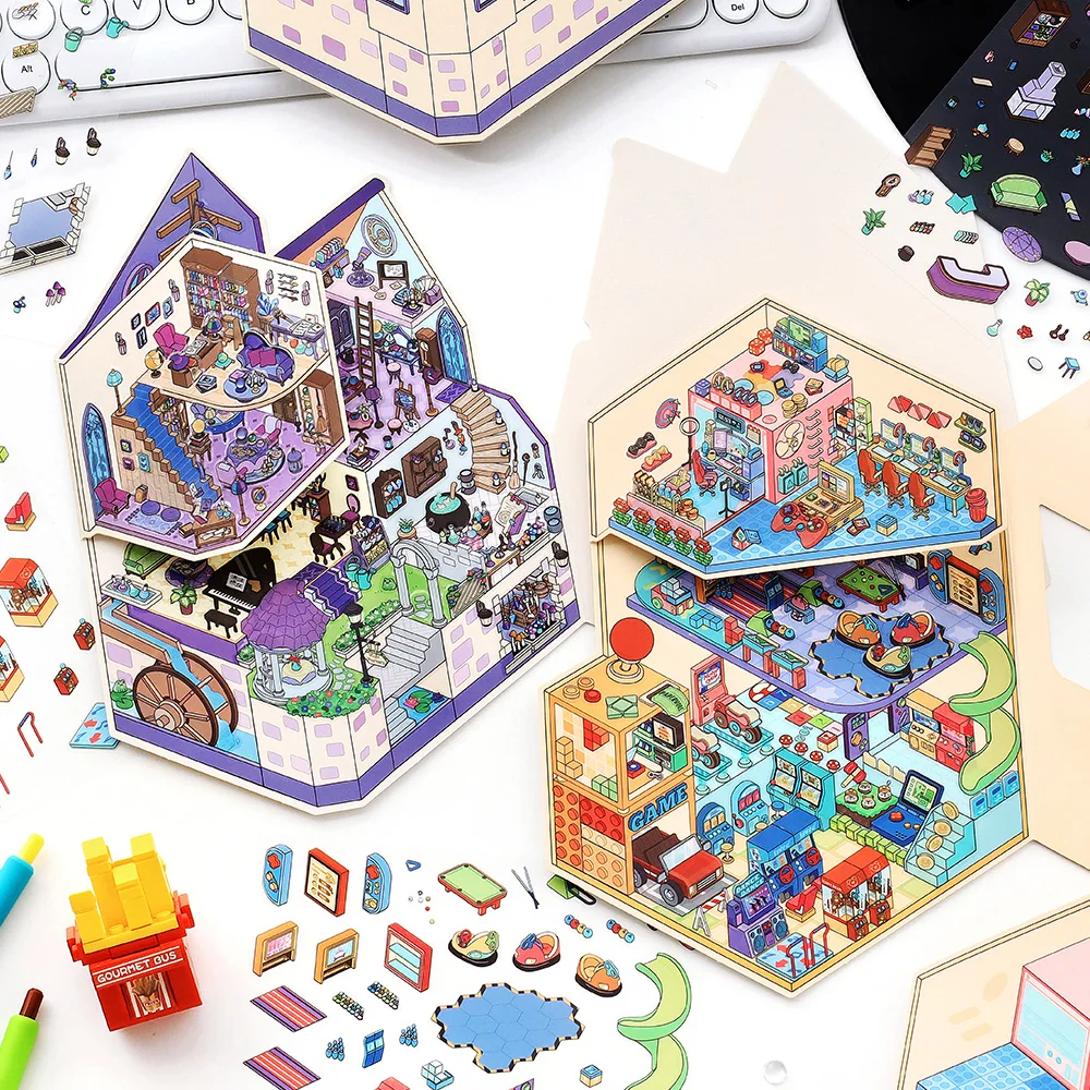 

Большие размеры, тройные кавайные 3D мультяшные наклейки сцены замка, сделай сам, скрапбукинг, штабелируемые игровые наклейки, детские праздничные подарки