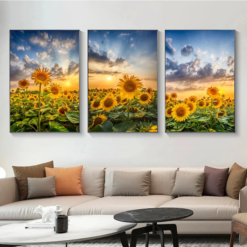 Vintage Sunflower Field At Sunset Sunshine Landscape Art Posters Canvas Painting Wall Prints Pictures for Living Room Home Decor