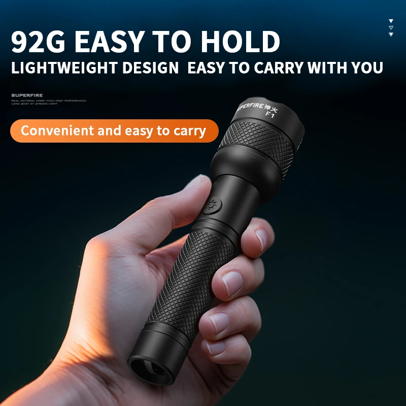 SUPERFIRE F1 Rechargeable LED Flashlight 240m Portable Powerful Bright Flashlights Camping Lamp for Outdoor Hiking Self Defense