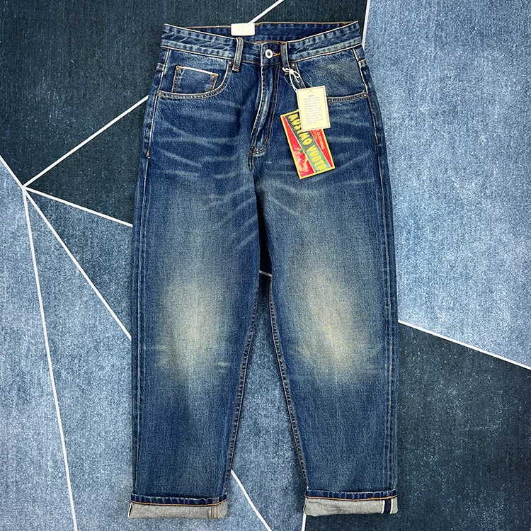 14oz Jeans Denim Selvadge merah untuk pria celana ketat katun dicuci pria tebal Vintage Amerika asli celana panjang Slim Fit