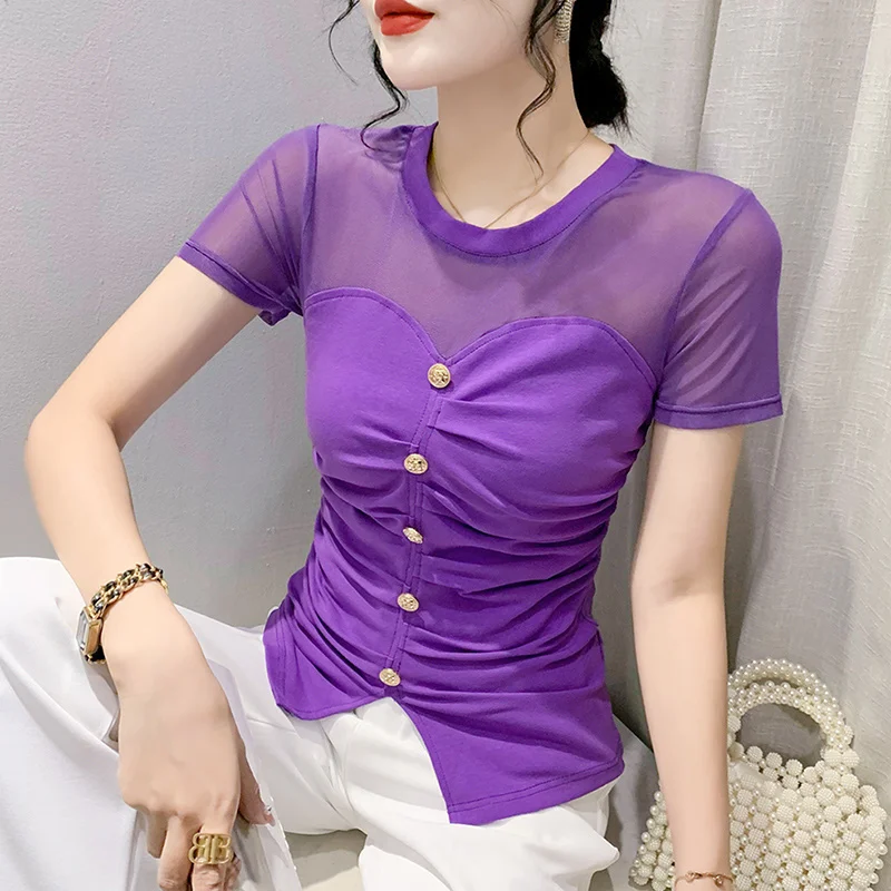 #5413 Black White Purple Cotton Spliced Mesh Hollow Out Short T Shirt Women Buttons Sexy Skinny Irregular T-shirt Perspective 