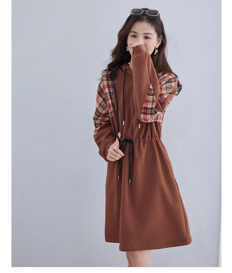 Mid-length Hooded Sweater Dress for Women Long Sleeve Waist Pulling Versatile Casual Fashion New Spring and Autumn 2024