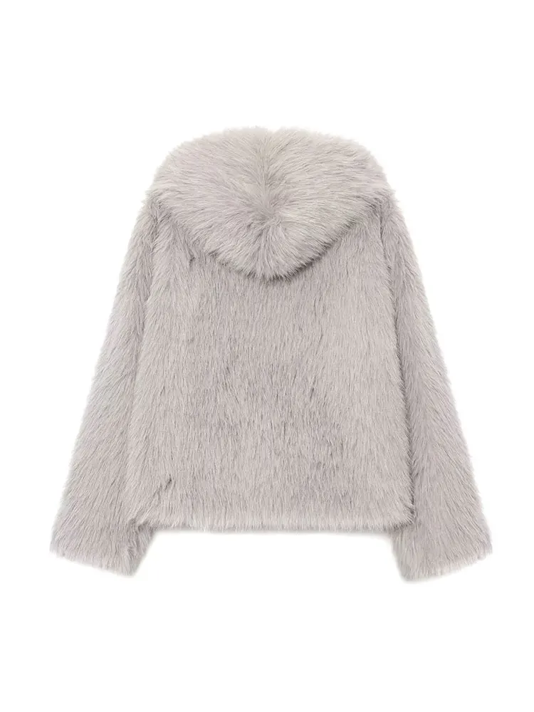 Nlzgmsj jaqueta feminina de pele sintética 2025 moda inverno sólida mangas compridas com capuz jaqueta curta feminina altura rua lazer casaco