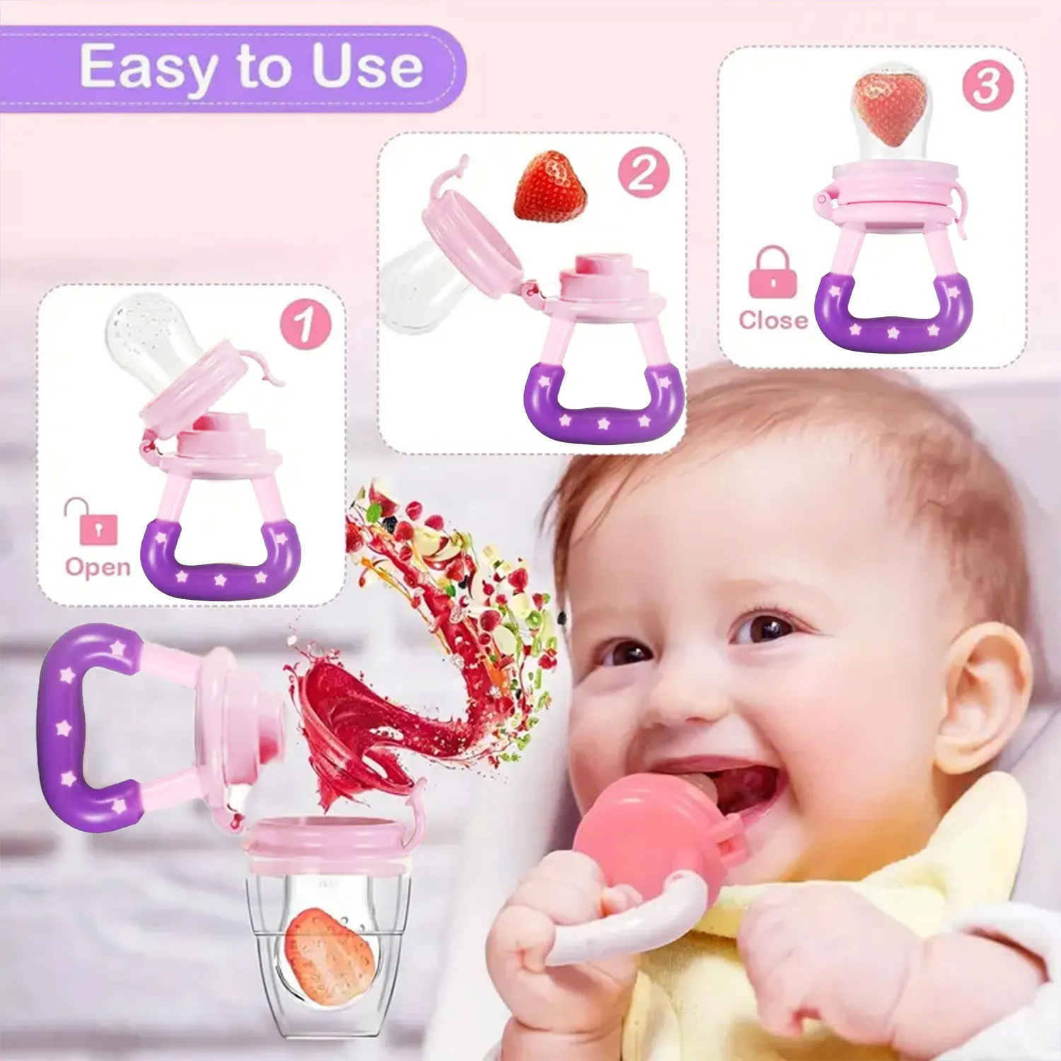 Baby fruit food silicone bite bag, baby feeding supplement grinder, anti-choking, with dust cover, clean without dead angle