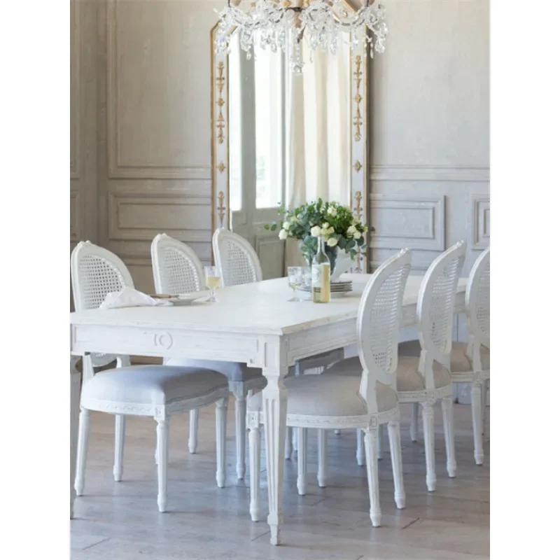 Retro white solid wood long dining table simple and old dining room table and chair combination American pastoral 5