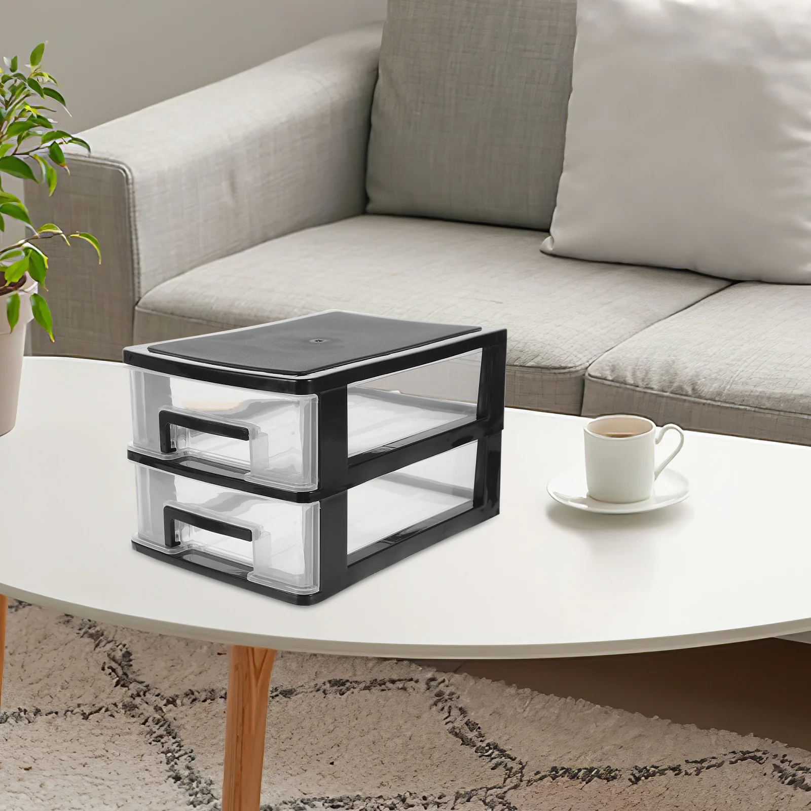 2-warstwowy organizer na biurko z szufladami, przezroczysty i czarny, z tworzywa PP, do przechowywania pędzli do makijażu, tuszu do rzęs i kredki do brwi.