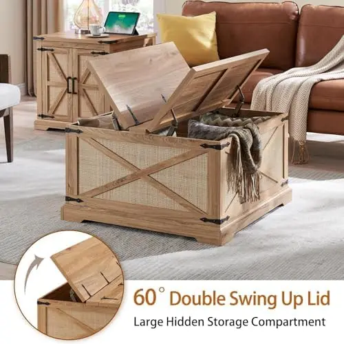 Farmhouse Coffee Table with Lift Top, Rustic Storage Table, Natural Rattan Design