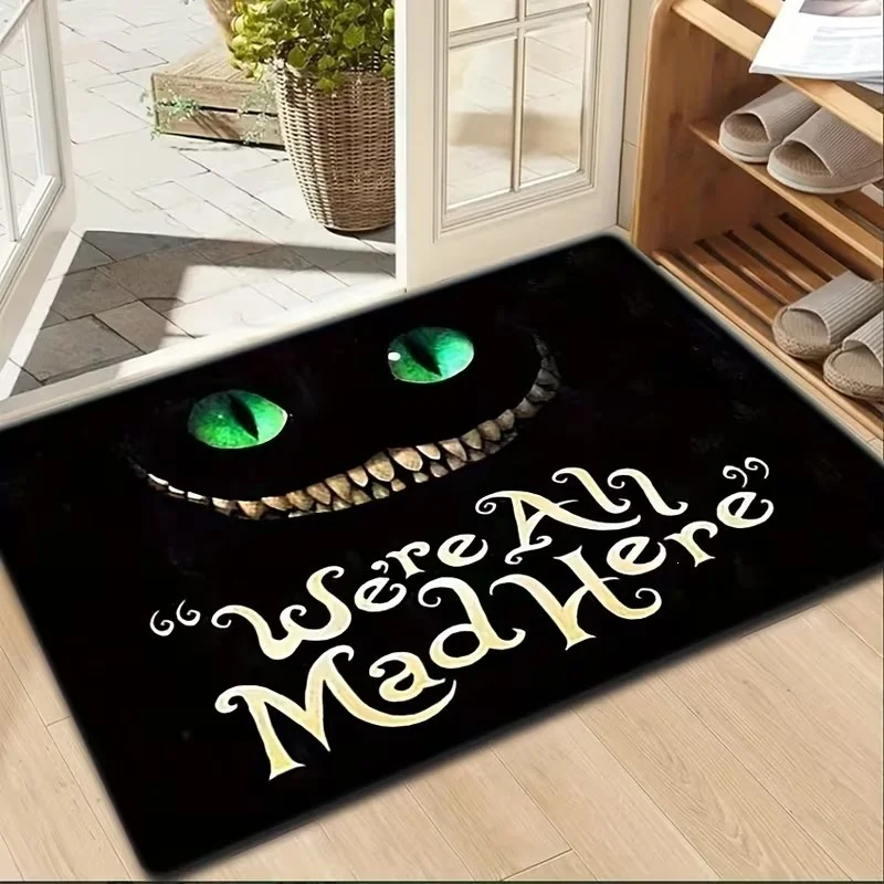 Newest Cheshire Cat Green Eyes We're All Mad Here Print Doormat Non Slip Halloween Front Entrance Floor Mat