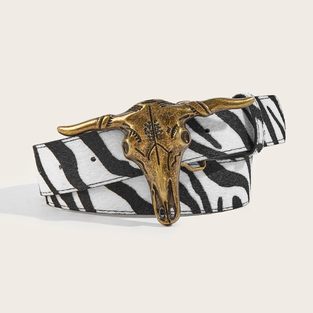 Western Bull Skull Buckle Leather Belt Zebra Print 3.8cm Wide Rivet Embossed Belt Trendy Brand Luxury Design Ox Head Waistband