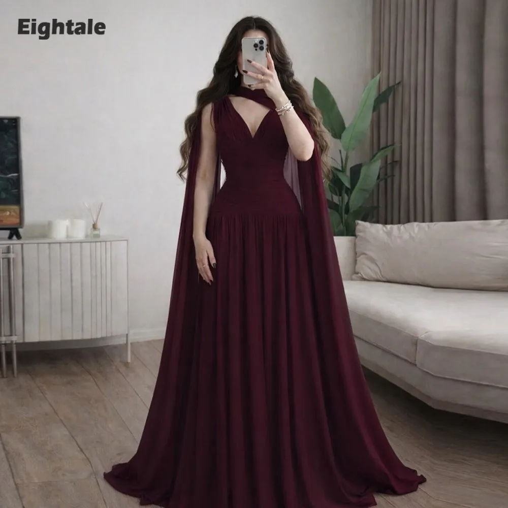 

Eightale Arabic Evening Dresses for Wedding Party V-Neck Pleats Chiffon A-Line Muslim Formal Customized Prom Gowns