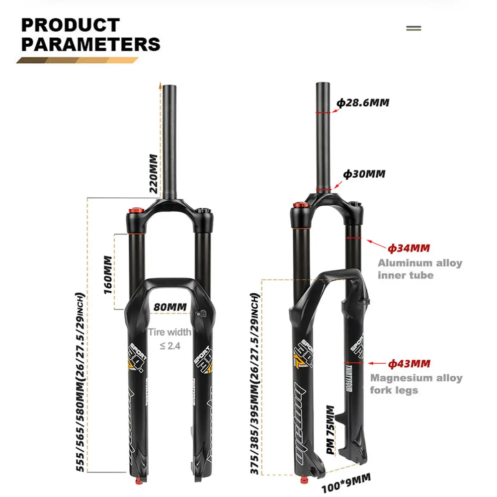 Mountain Bike Suspension Fork, Quick Release, Damping Air Fork, Bike Parts, Shock Absorber, Travel 160mm, 26 \