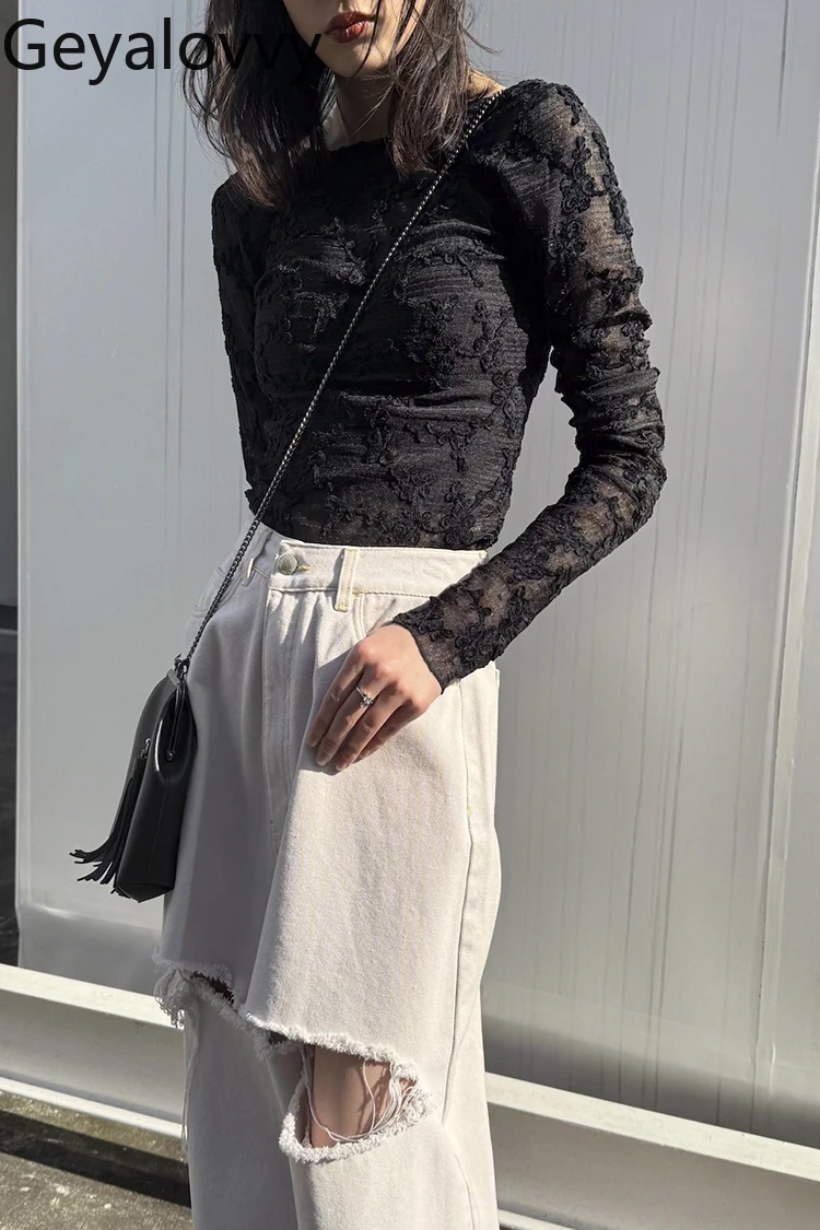 

Japanese Style Exquisite Flower Lace Slim Fit Tops Stretchy Backless Sweet Long Sleeve T-Shirt Bodysuit Thin Base Shirt