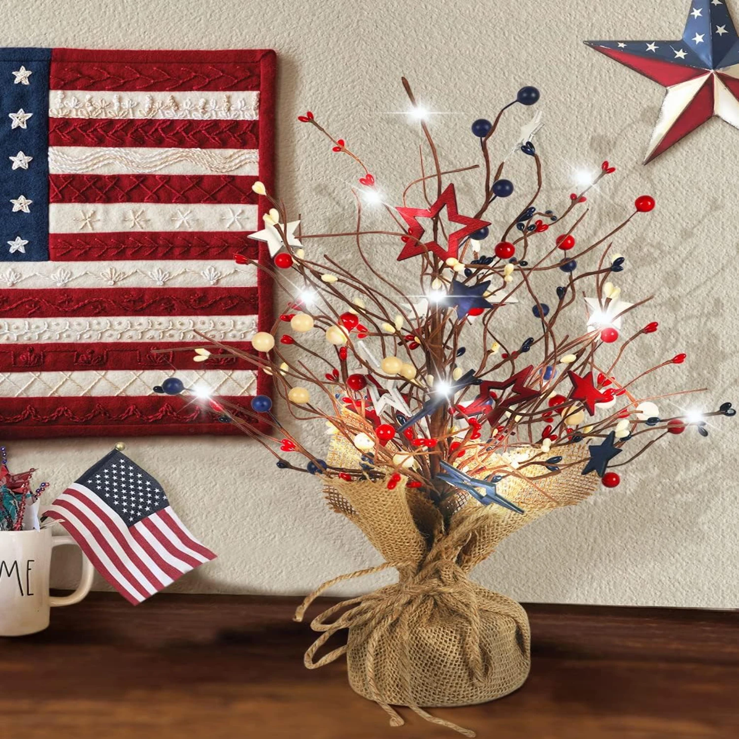 Lighted Patriotic Red White and Blue 4th of July Decorations for Home - 17 inch Fourth of July Decoration Tree - Table Top Cente