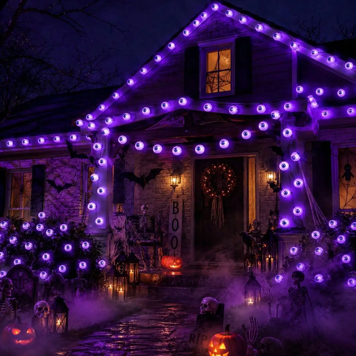 1pc 20/30 LED Blue Ghost Eye Spooky Halloween String Light Solar Powered With 8 Modes For Home Garden Patio Path Fireplace Decor