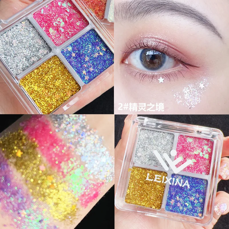 4Colors/box 3D Aurora Mermaid Glitter Sequin Cream Eyeshadow Shimmer Eyes Body Palette Party Stage Cosplay Long-lasting Makeup