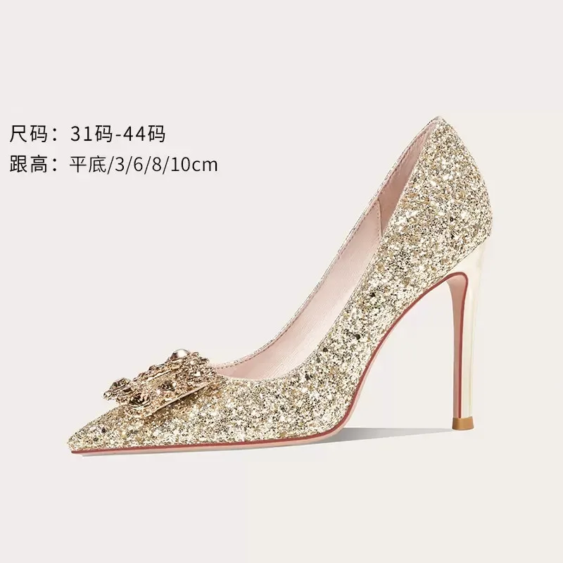 

Spring and summer new sequins pointy rhinestone flat wedding shoes thin high-heeled banquet dress large small women single shoes