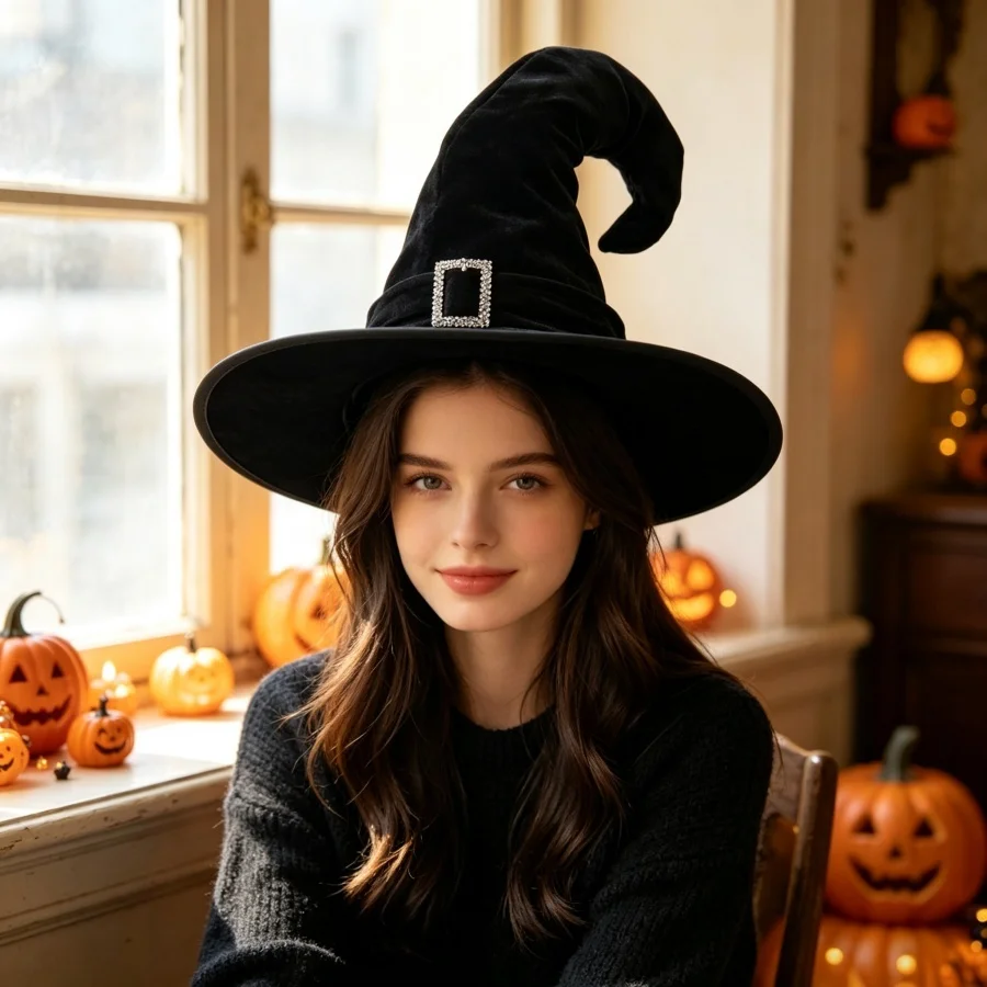 1 Stück Halloween-Hexenhut aus schwarzem Samt mit Strass-Schnalle, Zaubererhut, Cosplay-Kostüm, Fotokabinen-Requisiten für Party-Outfit, Geschenk – Detail 3