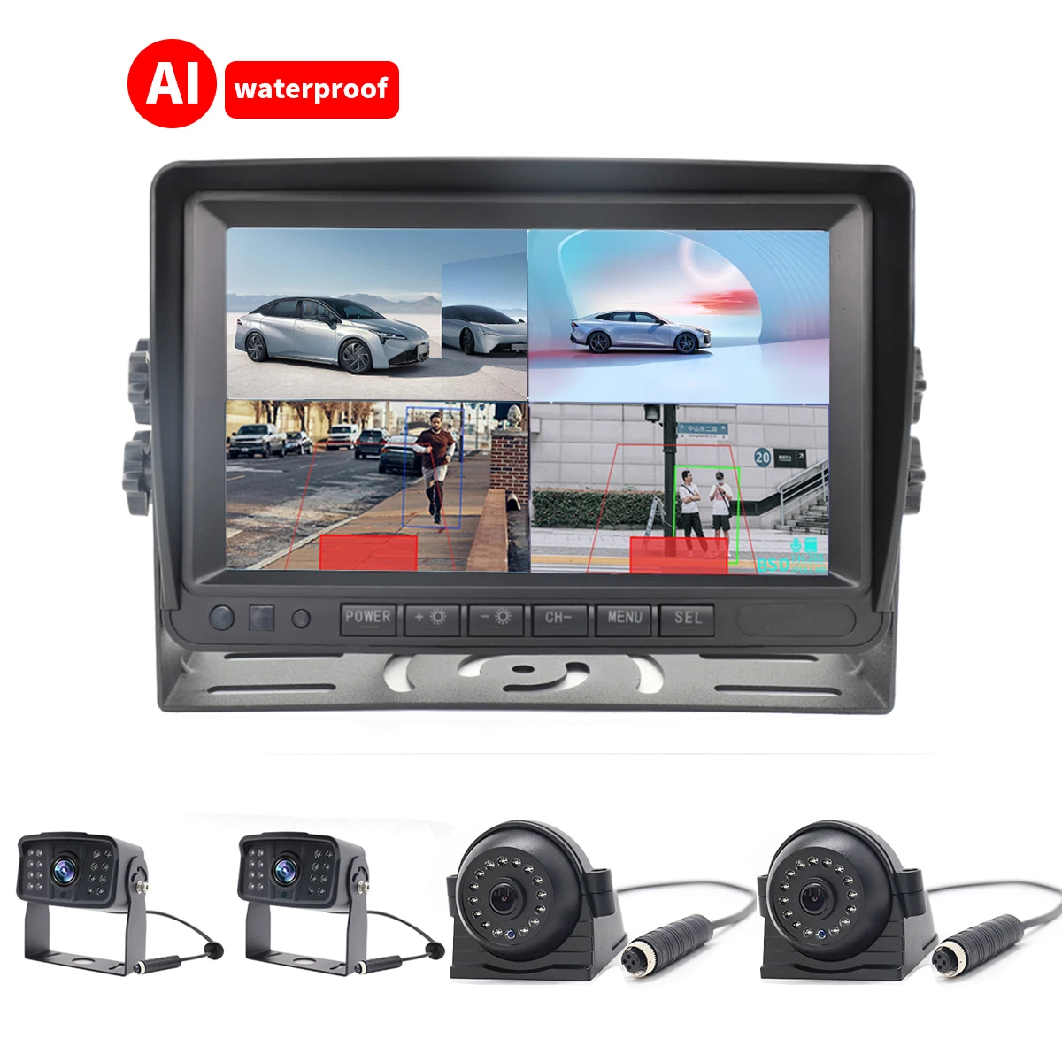 PWAS System Proximity Warning Alert System with Backup Camera 1080P 7 Inch Monitor 4 Quad for Heavy Duty Truck Camera System